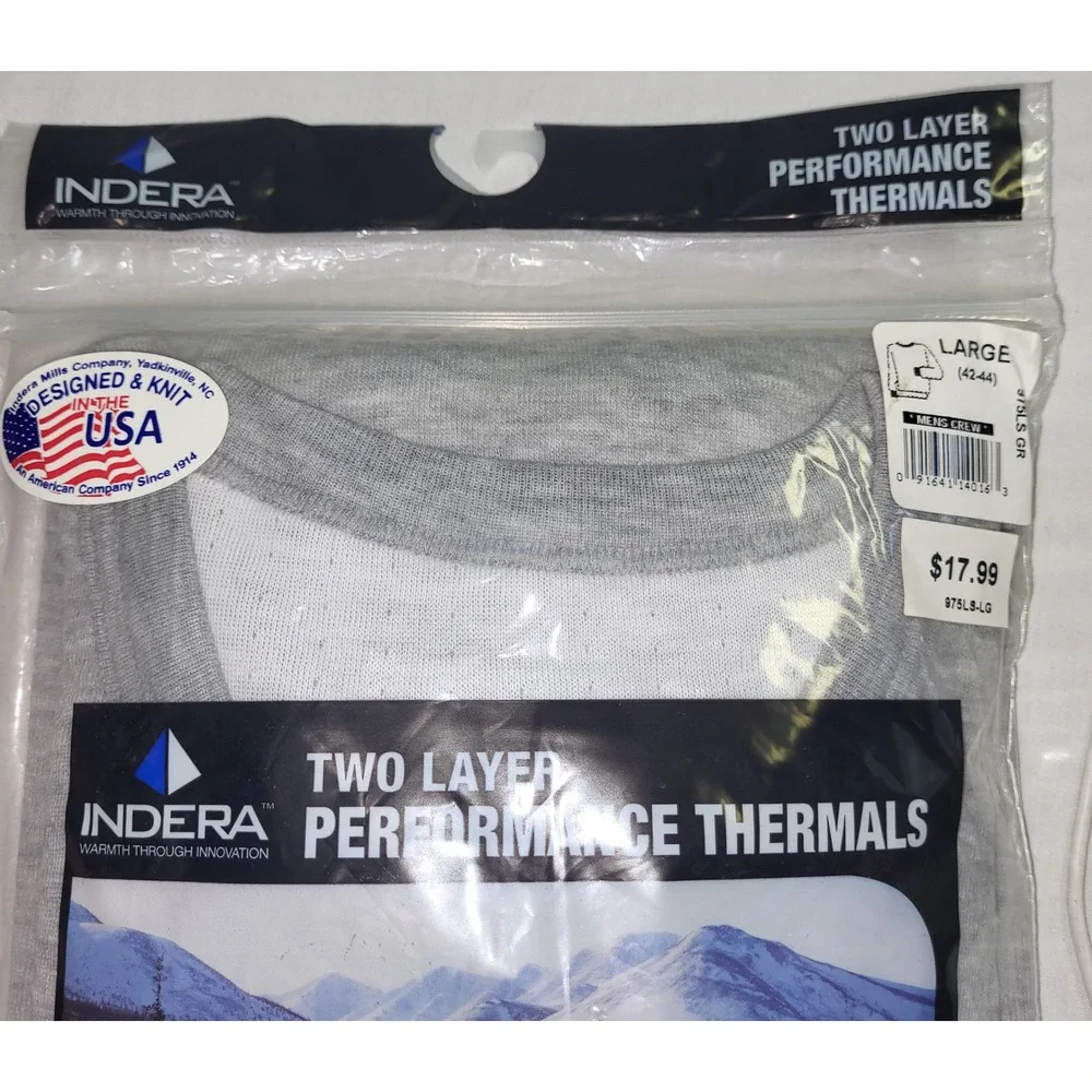 Indera Performance Thermals Mens Large Grey NEW Two Layer Merino Wool Base Layer